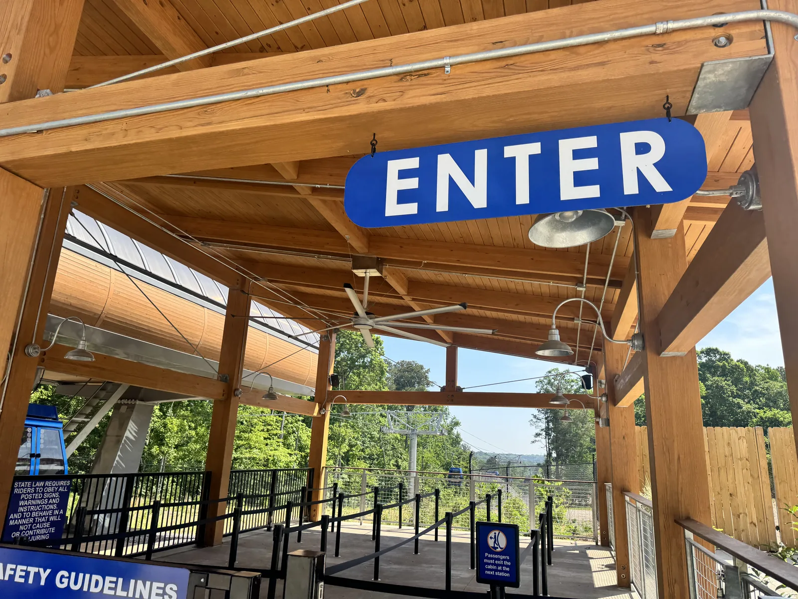Inside the Saluda Skyride station beneath its exposed timber canopy at Riverbanks Zoo and Garden